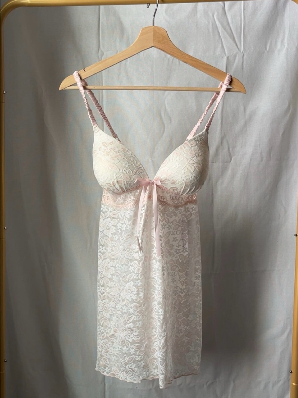 Sheer Lace Chemise with Satin Bow in Light Pink